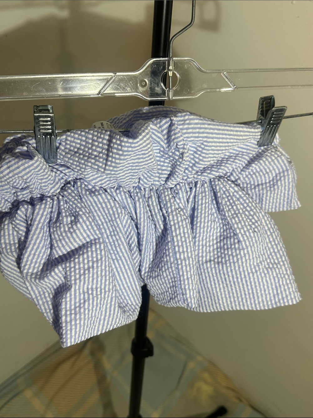 Striped Blue & White Ruffle Crop Top — Lightweight Seersucker